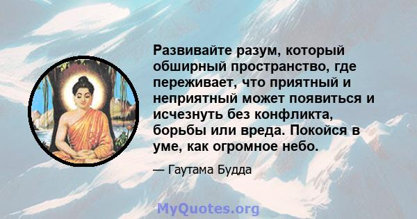 Развивайте разум, который обширный пространство, где переживает, что приятный и неприятный может появиться и исчезнуть без конфликта, борьбы или вреда. Покойся в уме, как огромное небо.