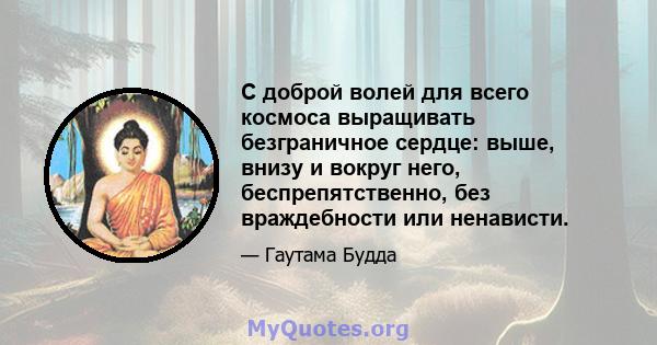 С доброй волей для всего космоса выращивать безграничное сердце: выше, внизу и вокруг него, беспрепятственно, без враждебности или ненависти.