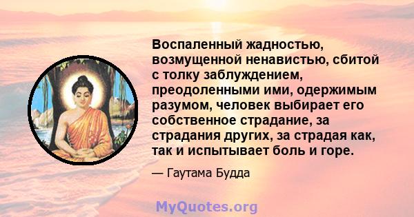 Воспаленный жадностью, возмущенной ненавистью, сбитой с толку заблуждением, преодоленными ими, одержимым разумом, человек выбирает его собственное страдание, за страдания других, за страдая как, так и испытывает боль и