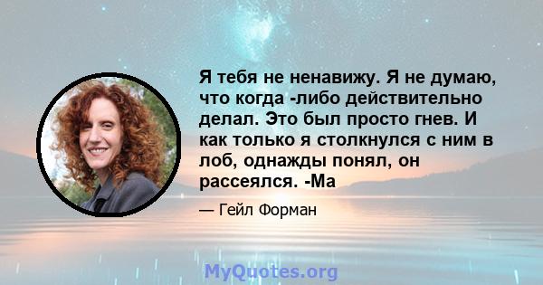 Я тебя не ненавижу. Я не думаю, что когда -либо действительно делал. Это был просто гнев. И как только я столкнулся с ним в лоб, однажды понял, он рассеялся. -Ма