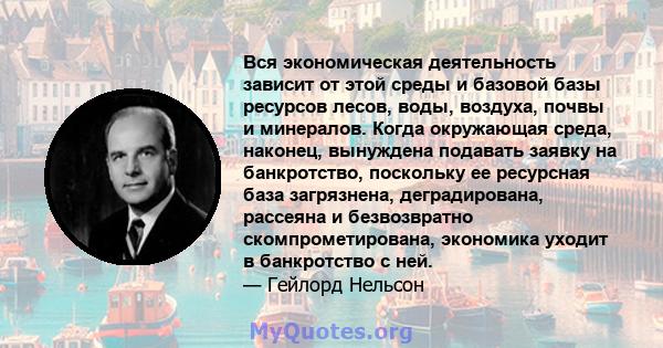 Вся экономическая деятельность зависит от этой среды и базовой базы ресурсов лесов, воды, воздуха, почвы и минералов. Когда окружающая среда, наконец, вынуждена подавать заявку на банкротство, поскольку ее ресурсная