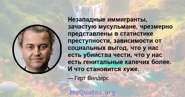 Незападные иммигранты, зачастую мусульмане, чрезмерно представлены в статистике преступности, зависимости от социальных выгод, что у нас есть убийства чести, что у нас есть генитальные калечих более. И что становится