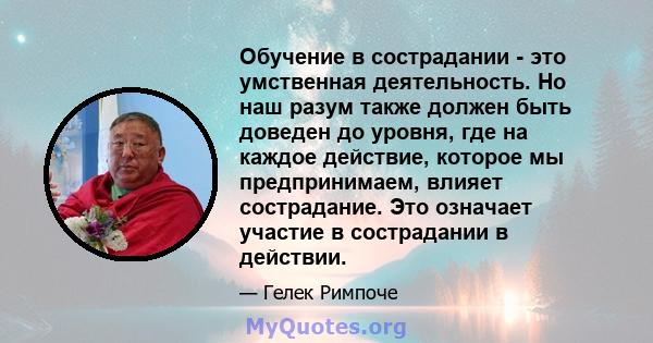 Обучение в сострадании - это умственная деятельность. Но наш разум также должен быть доведен до уровня, где на каждое действие, которое мы предпринимаем, влияет сострадание. Это означает участие в сострадании в действии.