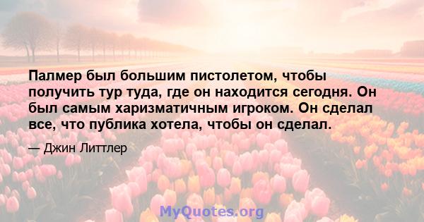 Палмер был большим пистолетом, чтобы получить тур туда, где он находится сегодня. Он был самым харизматичным игроком. Он сделал все, что публика хотела, чтобы он сделал.