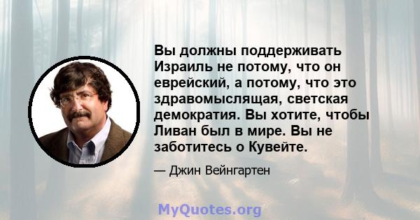 Вы должны поддерживать Израиль не потому, что он еврейский, а потому, что это здравомыслящая, светская демократия. Вы хотите, чтобы Ливан был в мире. Вы не заботитесь о Кувейте.