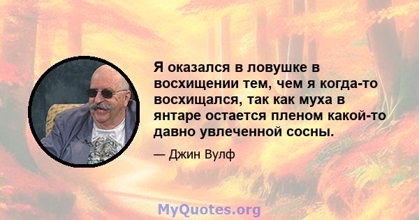 Я оказался в ловушке в восхищении тем, чем я когда-то восхищался, так как муха в янтаре остается пленом какой-то давно увлеченной сосны.