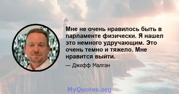 Мне не очень нравилось быть в парламенте физически. Я нашел это немного удручающим. Это очень темно и тяжело. Мне нравится выйти.