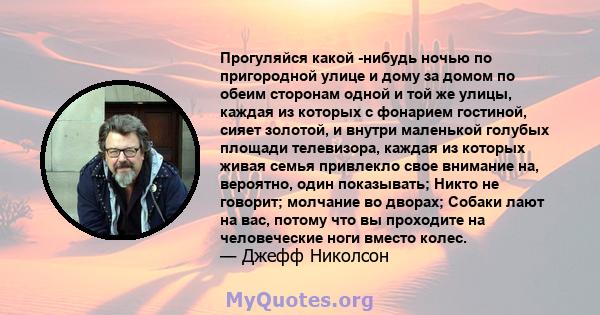 Прогуляйся какой -нибудь ночью по пригородной улице и дому за домом по обеим сторонам одной и той же улицы, каждая из которых с фонарием гостиной, сияет золотой, и внутри маленькой голубых площади телевизора, каждая из