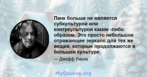 Панк больше не является субкультурой или контркультурой каким -либо образом. Это просто небольшое отражающее зеркало для тех же вещей, которые продолжаются в большей культуре.