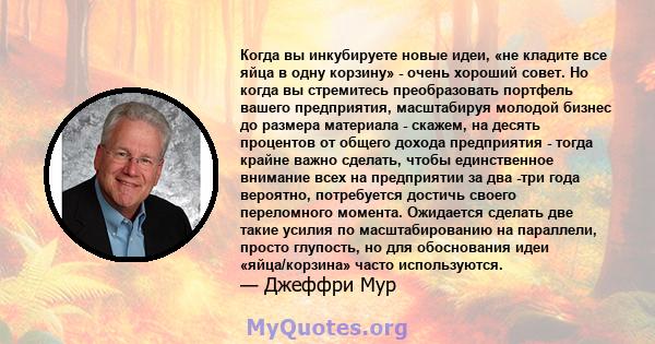 Когда вы инкубируете новые идеи, «не кладите все яйца в одну корзину» - очень хороший совет. Но когда вы стремитесь преобразовать портфель вашего предприятия, масштабируя молодой бизнес до размера материала - скажем, на 