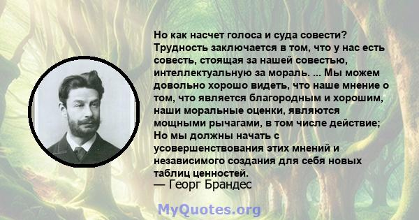 Но как насчет голоса и суда совести? Трудность заключается в том, что у нас есть совесть, стоящая за нашей совестью, интеллектуальную за мораль. ... Мы можем довольно хорошо видеть, что наше мнение о том, что является