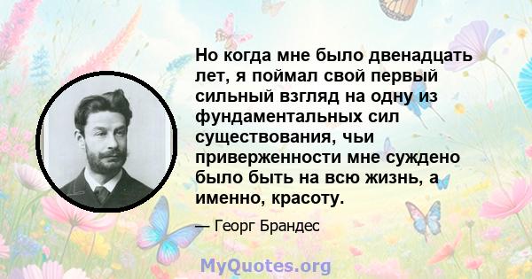 Но когда мне было двенадцать лет, я поймал свой первый сильный взгляд на одну из фундаментальных сил существования, чьи приверженности мне суждено было быть на всю жизнь, а именно, красоту.