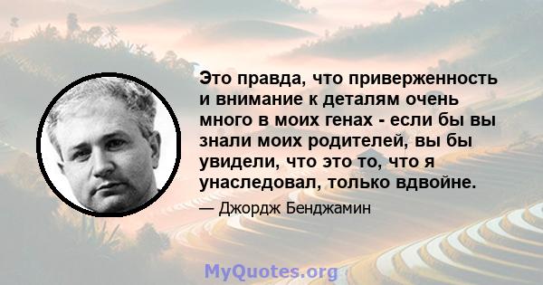 Это правда, что приверженность и внимание к деталям очень много в моих генах - если бы вы знали моих родителей, вы бы увидели, что это то, что я унаследовал, только вдвойне.