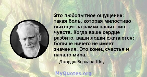 Это любопытное ощущение: такая боль, которая милостиво выходит за рамки наших сил чувств. Когда ваше сердце разбито, ваши лодки сжигаются: больше ничего не имеет значения. Это конец счастья и начало мира.