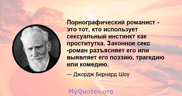 Порнографический романист - это тот, кто использует сексуальный инстинкт как проститутка. Законное секс -роман разъясняет его или выявляет его поэзию, трагедию или комедию.