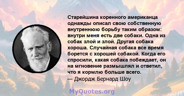 Старейшина коренного американца однажды описал свою собственную внутреннюю борьбу таким образом: внутри меня есть две собаки. Одна из собак злой и злой. Другая собака хороша. Случайная собака все время борется с хорошей 