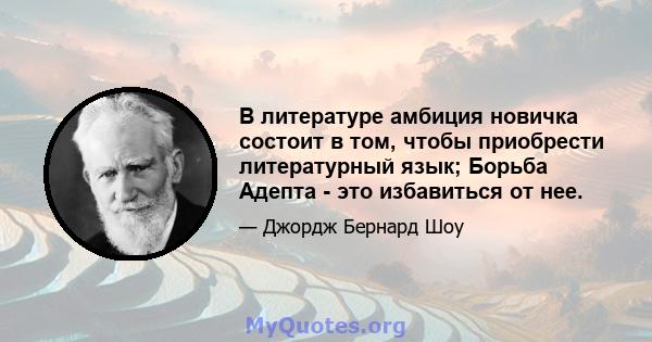 В литературе амбиция новичка состоит в том, чтобы приобрести литературный язык; Борьба Адепта - это избавиться от нее.