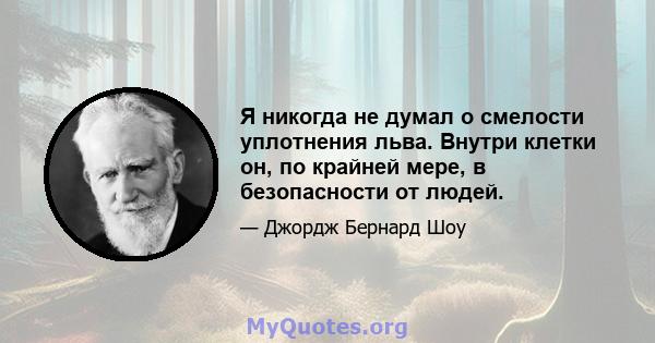 Я никогда не думал о смелости уплотнения льва. Внутри клетки он, по крайней мере, в безопасности от людей.