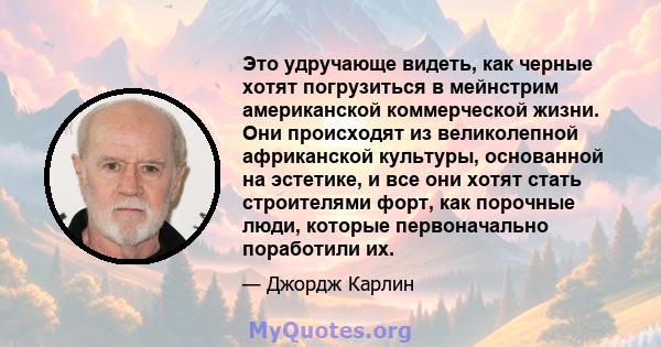 Это удручающе видеть, как черные хотят погрузиться в мейнстрим американской коммерческой жизни. Они происходят из великолепной африканской культуры, основанной на эстетике, и все они хотят стать строителями форт, как