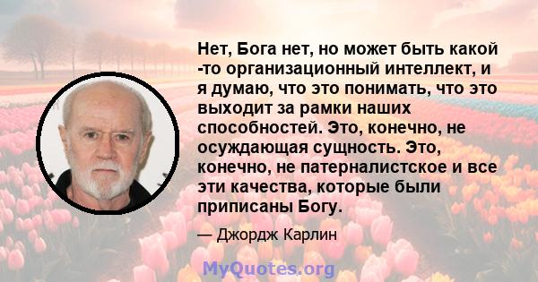 Нет, Бога нет, но может быть какой -то организационный интеллект, и я думаю, что это понимать, что это выходит за рамки наших способностей. Это, конечно, не осуждающая сущность. Это, конечно, не патерналистское и все