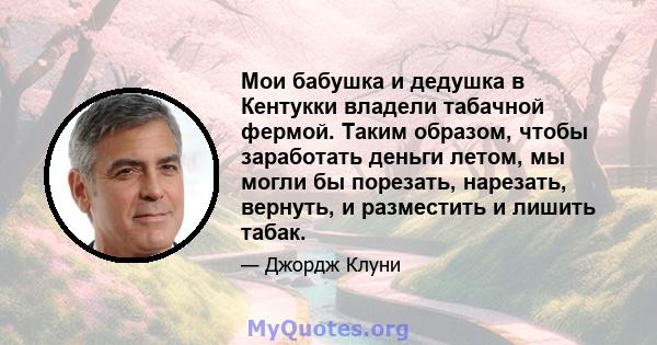 Мои бабушка и дедушка в Кентукки владели табачной фермой. Таким образом, чтобы заработать деньги летом, мы могли бы порезать, нарезать, вернуть, и разместить и лишить табак.