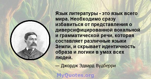 Язык литературы - это язык всего мира. Необходимо сразу избавиться от представления о диверсифицированной вокальной и грамматической речи, которая составляет различные языки Земли, и скрывает идентичность образа и