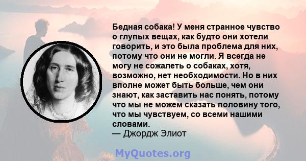 Бедная собака! У меня странное чувство о глупых вещах, как будто они хотели говорить, и это была проблема для них, потому что они не могли. Я всегда не могу не сожалеть о собаках, хотя, возможно, нет необходимости. Но в 