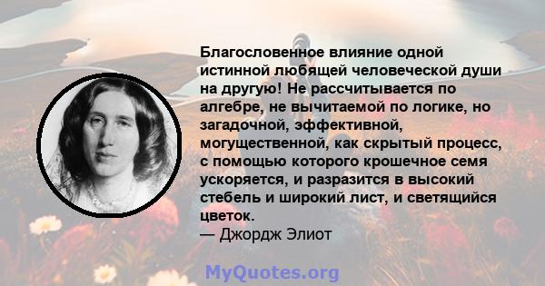 Благословенное влияние одной истинной любящей человеческой души на другую! Не рассчитывается по алгебре, не вычитаемой по логике, но загадочной, эффективной, могущественной, как скрытый процесс, с помощью которого