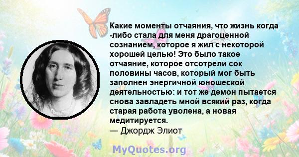 Какие моменты отчаяния, что жизнь когда -либо стала для меня драгоценной сознанием, которое я жил с некоторой хорошей целью! Это было такое отчаяние, которое отсотрели сок половины часов, который мог быть заполнен