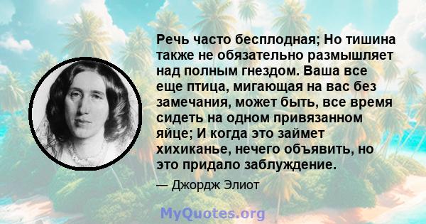 Речь часто бесплодная; Но тишина также не обязательно размышляет над полным гнездом. Ваша все еще птица, мигающая на вас без замечания, может быть, все время сидеть на одном привязанном яйце; И когда это займет