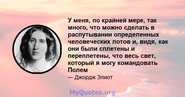 У меня, по крайней мере, так много, что можно сделать в распутывании определенных человеческих лотов и, видя, как они были сплетены и переплетены, что весь свет, который я могу командовать Полем