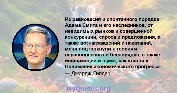 Из равновесия и спонтанного порядка Адама Смита и его наследников, от невидимых рынков и совершенной конкуренции, спроса и предложения, а также вознаграждений и наказаний, меня подтолкнули к теориям неравновесного и