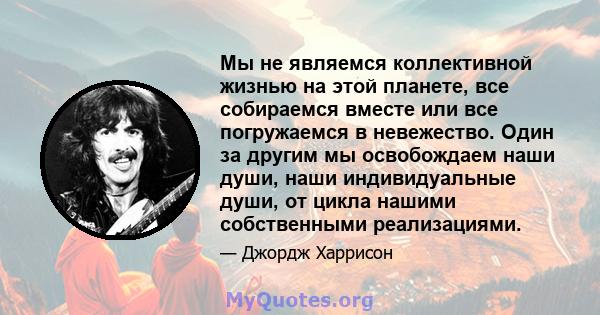 Мы не являемся коллективной жизнью на этой планете, все собираемся вместе или все погружаемся в невежество. Один за другим мы освобождаем наши души, наши индивидуальные души, от цикла нашими собственными реализациями.