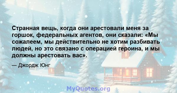 Странная вещь, когда они арестовали меня за горшок, федеральных агентов, они сказали: «Мы сожалеем, мы действительно не хотим разбивать людей, но это связано с операцией героина, и мы должны арестовать вас».