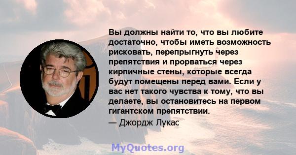 Вы должны найти то, что вы любите достаточно, чтобы иметь возможность рисковать, перепрыгнуть через препятствия и прорваться через кирпичные стены, которые всегда будут помещены перед вами. Если у вас нет такого чувства 