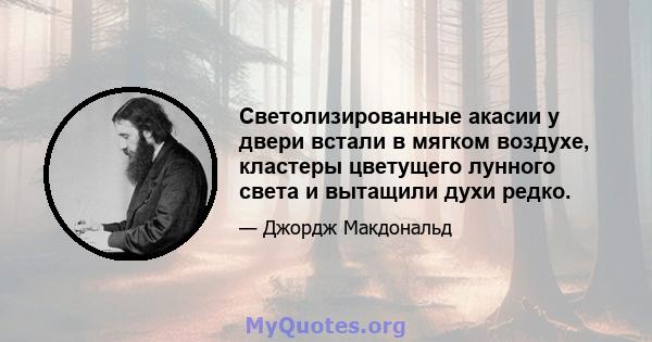 Светолизированные акасии у двери встали в мягком воздухе, кластеры цветущего лунного света и вытащили духи редко.