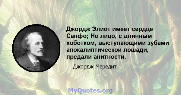 Джордж Элиот имеет сердце Сапфо; Но лицо, с длинным хоботком, выступающими зубами апокалиптической лошади, предали анитности.