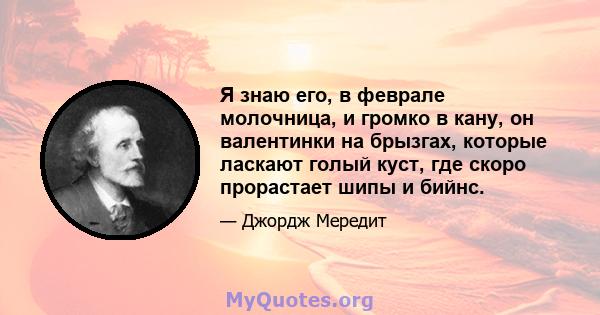 Я знаю его, в феврале молочница, и громко в кану, он валентинки на брызгах, которые ласкают голый куст, где скоро прорастает шипы и бийнс.