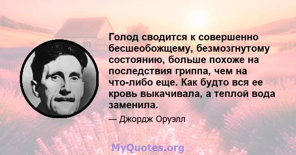 Голод сводится к совершенно бесшеобожщему, безмозгнутому состоянию, больше похоже на последствия гриппа, чем на что-либо еще. Как будто вся ее кровь выкачивала, а теплой вода заменила.