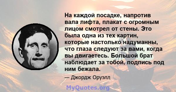 На каждой посадке, напротив вала лифта, плакат с огромным лицом смотрел от стены. Это была одна из тех картин, которые настолько надуманны, что глаза следуют за вами, когда вы двигаетесь. Большой брат наблюдает за