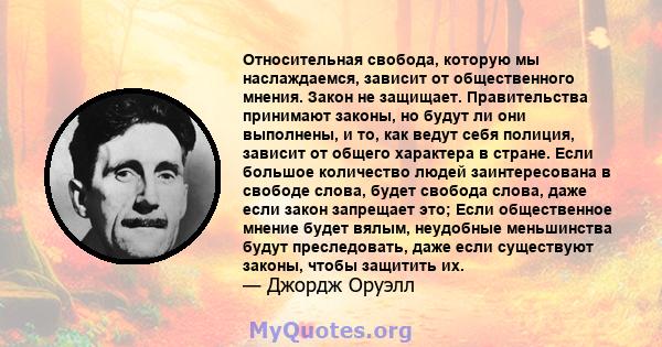 Относительная свобода, которую мы наслаждаемся, зависит от общественного мнения. Закон не защищает. Правительства принимают законы, но будут ли они выполнены, и то, как ведут себя полиция, зависит от общего характера в