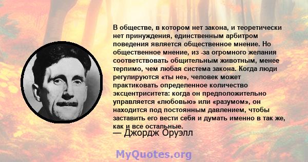 В обществе, в котором нет закона, и теоретически нет принуждения, единственным арбитром поведения является общественное мнение. Но общественное мнение, из -за огромного желания соответствовать общительным животным,