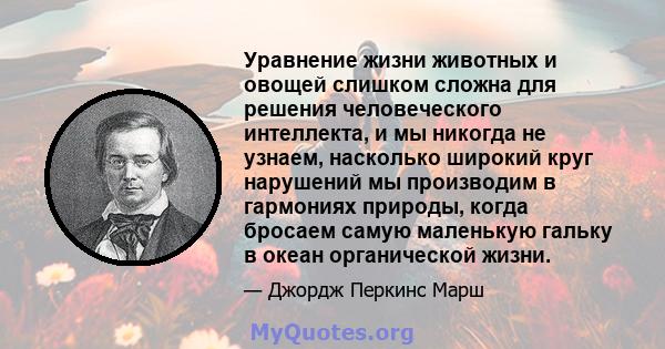 Уравнение жизни животных и овощей слишком сложна для решения человеческого интеллекта, и мы никогда не узнаем, насколько широкий круг нарушений мы производим в гармониях природы, когда бросаем самую маленькую гальку в