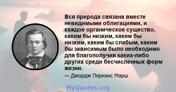 Вся природа связана вместе невидимыми облигациями, и каждое органическое существо, каким бы низким, каким бы низким, каким бы слабым, каким бы зависимым было необходимо для благополучия каких-либо других среди