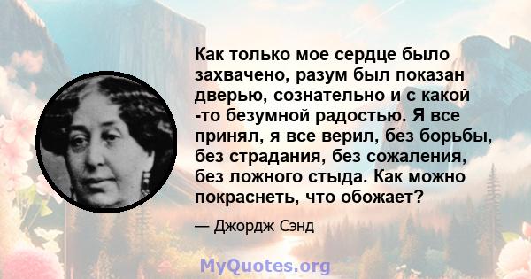 Как только мое сердце было захвачено, разум был показан дверью, сознательно и с какой -то безумной радостью. Я все принял, я все верил, без борьбы, без страдания, без сожаления, без ложного стыда. Как можно покраснеть,