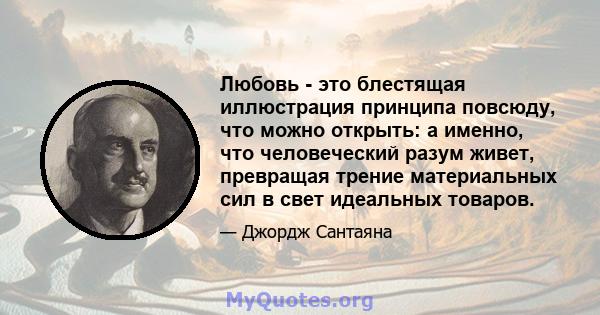 Любовь - это блестящая иллюстрация принципа повсюду, что можно открыть: а именно, что человеческий разум живет, превращая трение материальных сил в свет идеальных товаров.