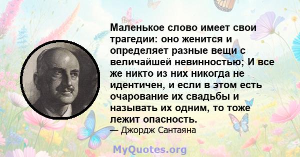 Маленькое слово имеет свои трагедии: оно женится и определяет разные вещи с величайшей невинностью; И все же никто из них никогда не идентичен, и если в этом есть очарование их свадьбы и называть их одним, то тоже лежит 