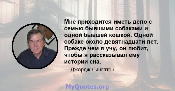 Мне приходится иметь дело с семью бывшими собаками и одной бывшей кошкой. Одной собаке около девятнадцати лет. Прежде чем я учу, он любит, чтобы я рассказывал ему истории сна.