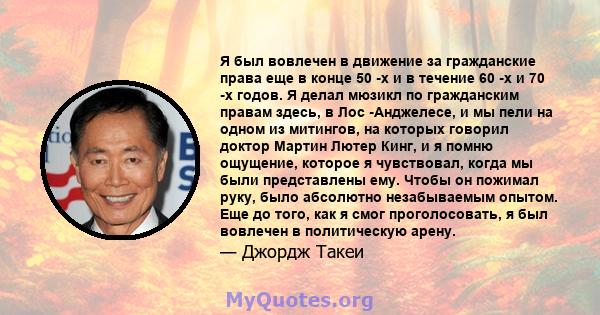 Я был вовлечен в движение за гражданские права еще в конце 50 -х и в течение 60 -х и 70 -х годов. Я делал мюзикл по гражданским правам здесь, в Лос -Анджелесе, и мы пели на одном из митингов, на которых говорил доктор