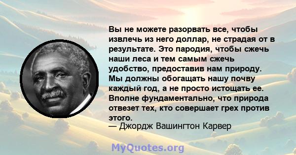 Вы не можете разорвать все, чтобы извлечь из него доллар, не страдая от в результате. Это пародия, чтобы сжечь наши леса и тем самым сжечь удобство, предоставив нам природу. Мы должны обогащать нашу почву каждый год, а